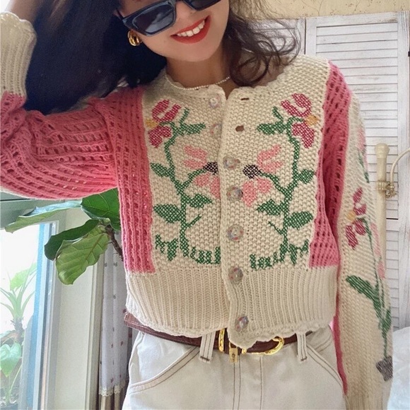 Floral cardigan pink sweater crochet style look knit cream beige - Picture 7 of 8